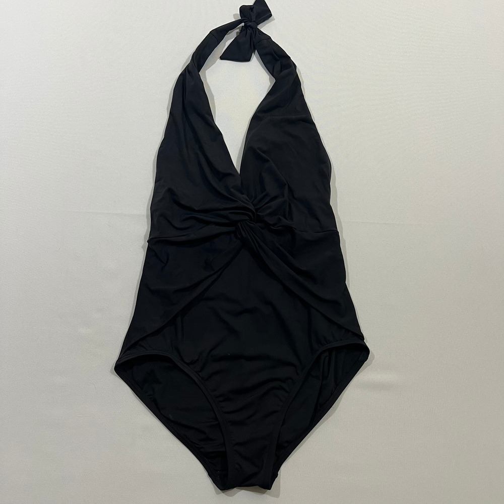 Michael Kors Swimsuit 14 Black Plunge Halter One Piece Twist Front‎ Ruched Cozy